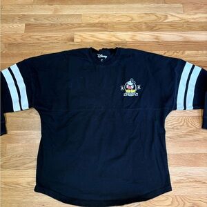 Disney Black Long Sleeve Tee with White Stripes and Colorful Chest Emblem